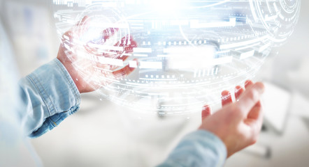 Businessman holding hologram sphere 3D rendering