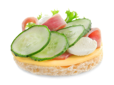 Tasty sandwich with fresh cucumber on white background