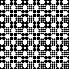 Abstract seamless pattern from grid of circles different sizes. Simple black and white geometric texture for fabric or clothing. Vector