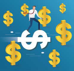 businessman ride on dollar icon and blue background, business concept illustration vector 