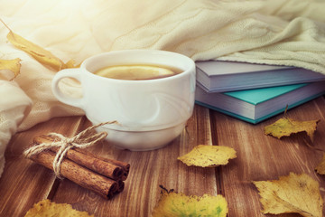 Tea with lemon in white cup, cinnamon sticks, books and autumn yellow leaves on wooden background with shadows through leaves