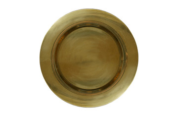 Vintage brass plate isolated on white background. Empty old metal plate or tray.