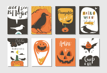 Hand drawn vector abstract cartoon Happy Halloween illustrations party posters and collection cards set with ravens,bats,pumpkins and modern calligraphy isolated on white background,
