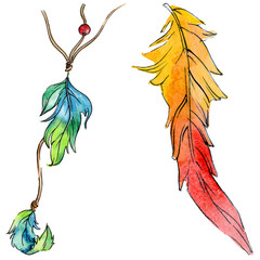 Watercolor bird feather from wing isolated. Aquarelle feather for background, texture, wrapper pattern, frame or border.