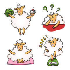 Vector set of funny sheep with different emotions. Cartoon animal characters, good for stickers, children's stuff, printed materials. - 172795900
