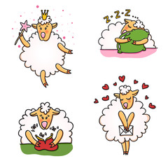 Vector set of funny sheep with different emotions. Cartoon animal characters, good for stickers, children's stuff, printed materials. - 172795920