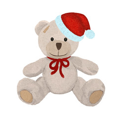 A cute teddy bear with a patch in a Christmas cap
