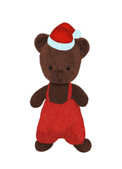 An antique teddy bear in a Christmas cap