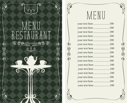 Vector menu for restaurant or a cafe with a price list and image of the table with a kettle and cups on a checkered background