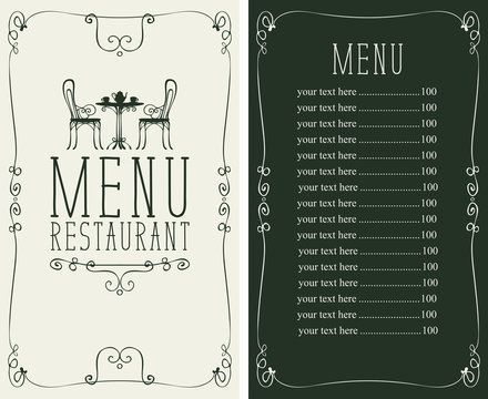 Vector menu for restaurant or cafe with a price list and a table, chairs and tea in a curly frame in the art Deco style
