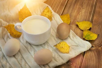 Milk in white cup, eggs on the scarf on wooden table with yellow autumn leaves