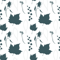 Floral vector seamless pattern with wild flowers, platan or maple and ivy leaves and twigs with berries.