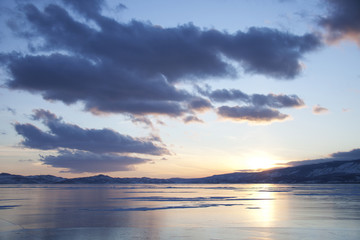 Lake Baikal, winter sunset landscape