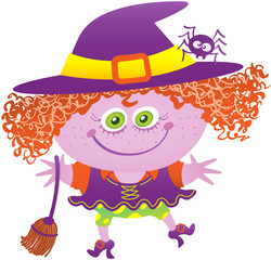 Little girl in mischievous mood, with green eyes and messy red hair while wearing a witch costume. The witch costume has big purple hat, a spider on it, a broom, shoes and funny dress and panties