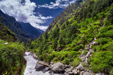 Fototapeta na wymiar Landscape of a mountain river with traditional nature of Kullu valley. Naggar, Himachal Pradesh. North India.
