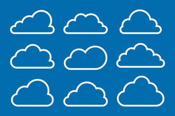 Set of white clouds with outline collection vector icons isolated on blue background