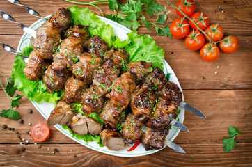 Liver kebab wrapped in bacon