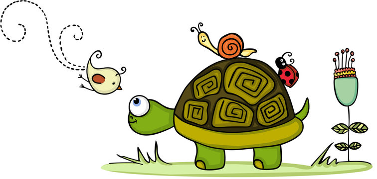 Turtle in garden with animal friends

