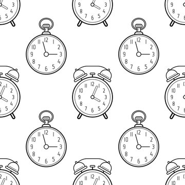 Alarm clock and pocket watch. Black and white seamless pattern for coloring books, pages.