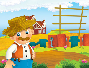 cartoon scene with happy man working on the farm - standing and smiling / illustration for children