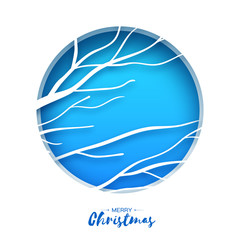 Merry Christmas Greeting Card. Birches branch in paper cut style. Origami Fall winter. Happy New Year holidays. Blue background. Template. Vector