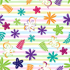 Flowery bright pattern in small-scale colored flowers on striped background. Floral seamless background for textile, book covers, manufacturing, print