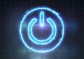 Electric lightning power button sign on black background with smoke and lens flare
