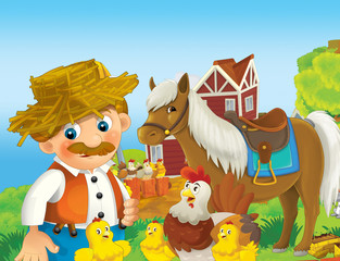 cartoon scene with happy man working on the farm - standing and smiling / illustration for children