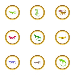 Small lizard icons set, cartoon style