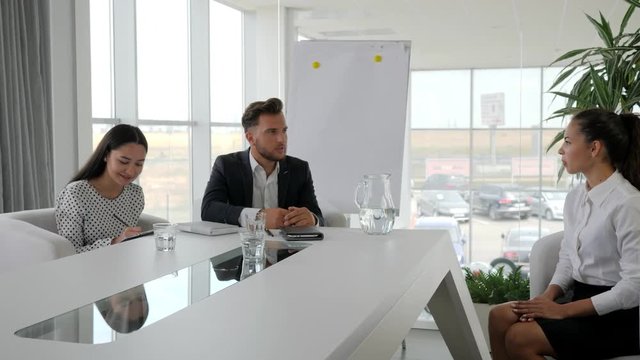 Candidate and interviewer discussing conclude of contract, Recruitment on Office work, boss with secretary holding Job interview in boardroom, business meeting of businesspeople at modern office,