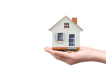 salesman person giving to buyer customer,house in hand