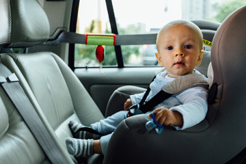 Little cute seriously baby child five month old fastened with security belt in safety car seat