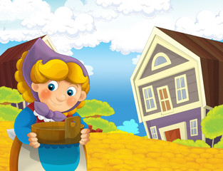 cartoon scene with happy woman working on the farm - standing and smiling / illustration for children