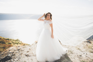 Fototapeta na wymiar Beautiful young bride posing on the background sea