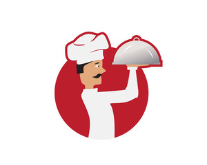 chef holds a dish within a red circle, illustration design, isolated on white background. 