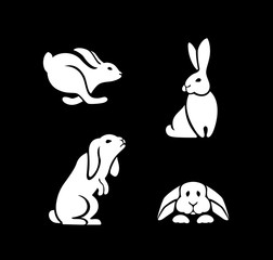 silhouettes of hares in different poses, the logo of a rabbit