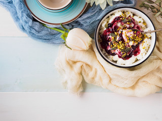 Bowl of yogurt and quark with berry sauce jam. Morning breakfast