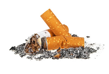 Cigarette butts with ash on a white background
