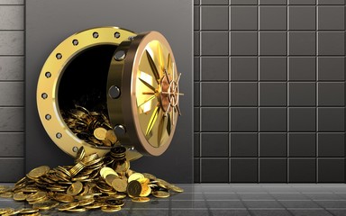 3d golden coins over steel wall