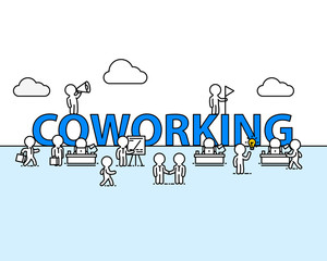 Coworking text work office with people. Vector illustration
