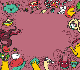 Fototapeta premium Cartoon cute doodles hand drawn dishwashing design. Colorful detailed, with lots of objects background. Funny illustration. Bright colors border with dishwashing theme items