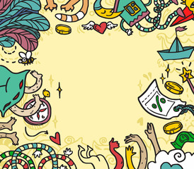 Cartoon cute doodles hand drawn  frame design. Colorful detailed, with lots of objects background. Funny illustration.