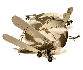 Biplanes flying around the Globe sepia