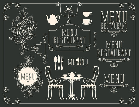 Vector set of images on the theme of menu for restaurant or cafe on a black background. Drawing design elements chalk on a blackboard