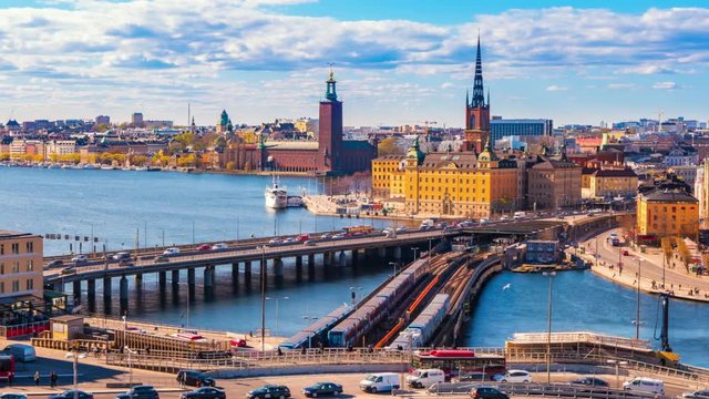 Timelapse video of Stockholm cityscape with view of Gamla Stan old town in Stockholm, Sweden, Time Lapse 4K