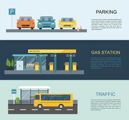 Transportation infographics. Gas station, bus, parking .Vector flat illustration
