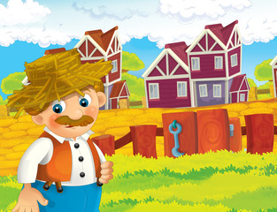 cartoon scene with happy man working on the farm - standing and smiling / illustration for children