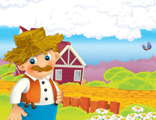 cartoon scene with happy man working on the farm - standing and smiling / illustration for children