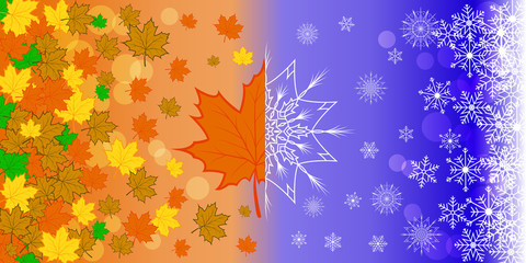 Autumn and winter background with leaves and snowflakes