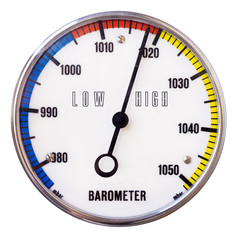 Round analog barometer with scale and words low high, isolated on white background, with clipping...